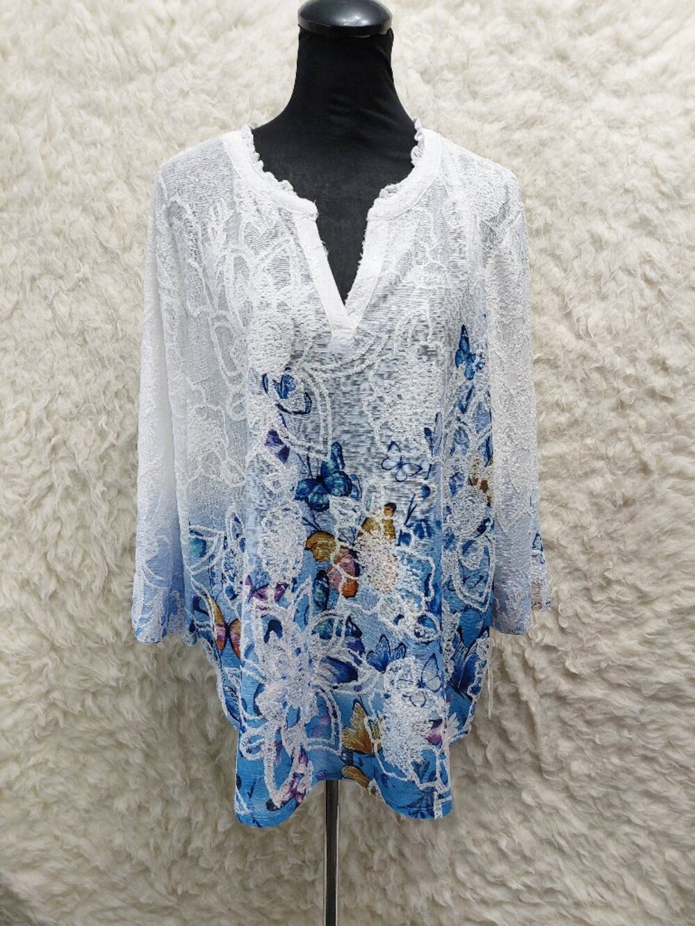 Alfred Dunner Women's Blouse Ombre Batik Floral Print and Butterfly Accents 2X